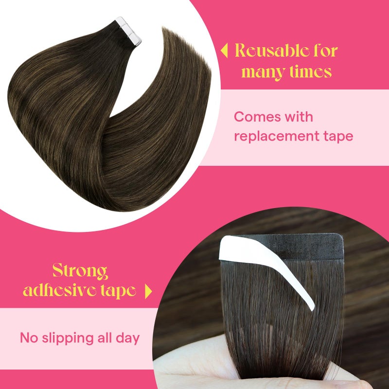 Ve Sunny Tape in Hair Extensions Real Human Hair Invisible Remy Human Hair Straight Tape Ins Double Sided Darkest Brown Ombre Medium Brown Balayage 20 inch 10Pcs 25G - Image 4